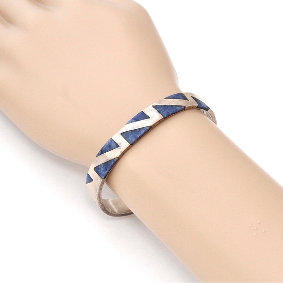 Vintage Taxco Sodalite Sterling Silver Bracelet Geometric Inlay Hinged Cuff - Picture 5 of 5